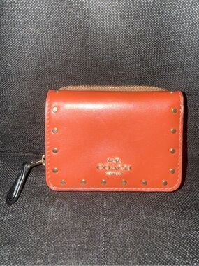 Coach OrangeTerracotta Trifold Leather Zip Card Wallet with Gold Studs OSP